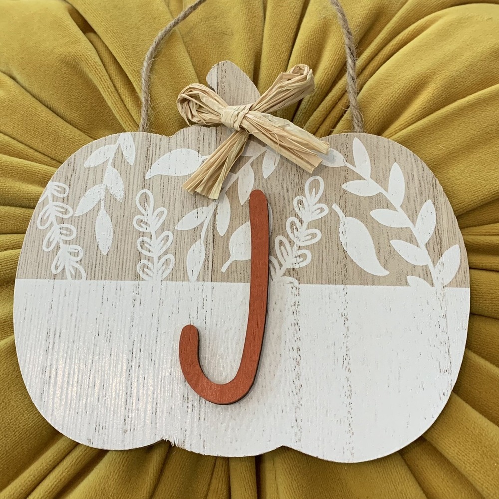 Wooden Pumpkin Wall Hanging with Initial J Light Cute Farmhouse Door Hanger Nice